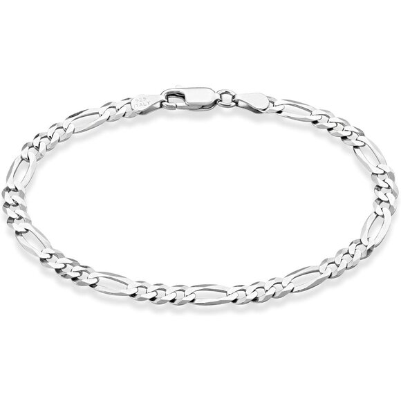 Solid 925 Sterling Silver Italian 5mm Diamond-Cut Figaro Chain Bracelet for Wome